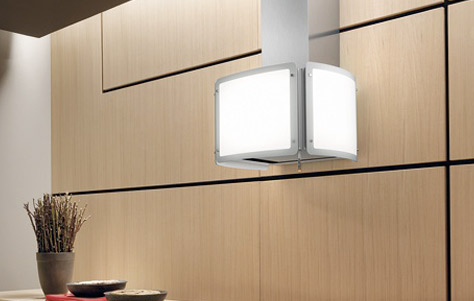 Alba Cubo Island Kitchen Hood. Manufactured by Elica.