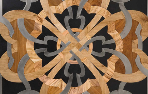 Wood Floor Mosaic with Oiled Steel Inserts. Designed and manufactured by Parchettificio.