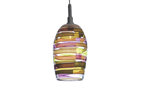 Fishbowl Monopoint Pendant Lamp. Licorice Stick pattern Lifesaver colorway with Silver finish. Designed and Manufactured by Tracy Glover.
