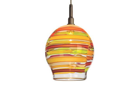 Fishbowl Monopoint Pendant Lamp. Licorice Stick pattern Lifesaver colorway with Silver finish. Designed and Manufactured by Tracy Glover.
