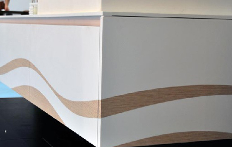 Gaia Corian Vanity with Wood Veneer Inlay. Manufactured by Bazzeo.