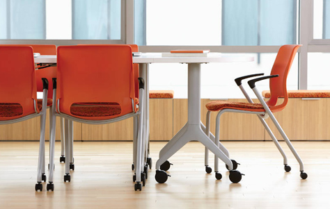 Motivate tables. Designed by Wolfgang Deisig. Manufactured by HON.