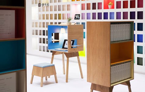 Koloro plywood desks. Designed by Torafu Architects and Ichiro Inc.