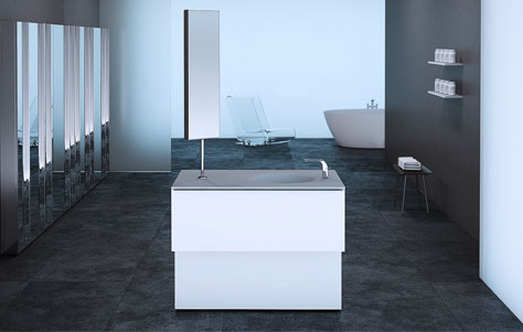 Ka Island Vanity and Two-Sided Mirror. Designed by Francesc Rifé. Manufactured by Inbani.