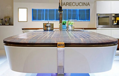 Cooking at the Dock of the Marecucina by ALNO ALNO, boat, German, interior, kitchen, kitchen island, kitchen unit, Marecucina, modern kitchen, storage, table, washbasin