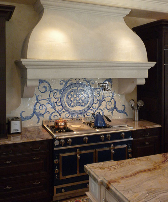 Delft Collection by New Ravenna Mosaics Sara Baldwin, New Ravenna Mosaics, Delft Collection, Acanthus kitchen backsplash