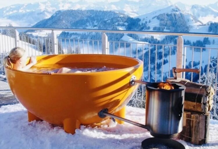 Dutch Tub on deck with mountains in winter