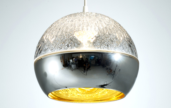 pendant lamp, table lamp, glass, pressed glass, blown glass, mirrored glass, metalized reflector, Stephen Johnson, Artecnica, lighting