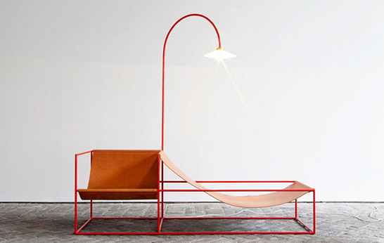 leather, tubular steel, multifunctional, luxury, The Duo Seat and Lamp, Biennale Interieur, Kortrijk, Muller Van Severen, furniture, lighting, luxury, seating, Belgian design,