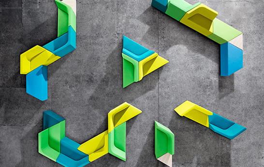 Prisma, Alexander Lotersztain, Derlot Editions, furniture, stools, ottoman, sofa, armchair, seating, modualr seating, office, lobby seating, breakout seating,