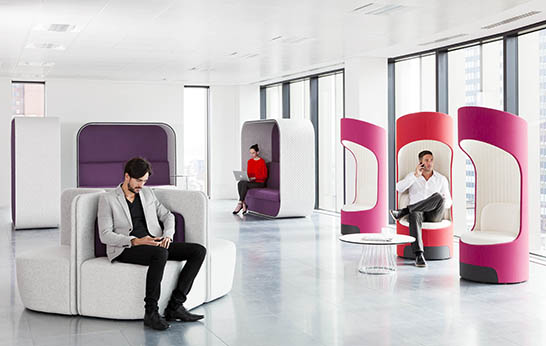 Contract, office seating, office, upholstered seating, privacy seating, collaborative space, breakout seating, privacy chair, Boss Design, Soft Collection, Cega, Cocoon, Shuffle,