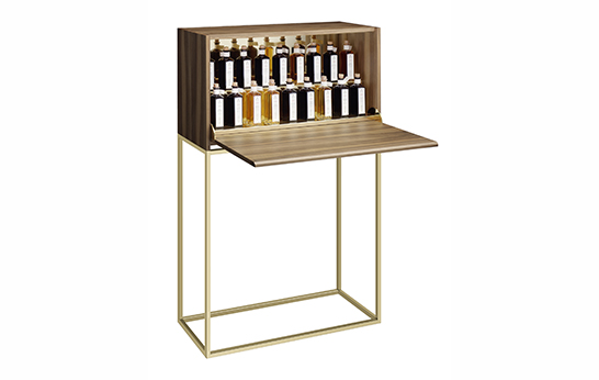Elisabeth Lux, e15, Stählemühle Edition, cocktail bar, spirits cabinet, drinks cabinet, Spirador, walnut, brass, luxury, storage,
