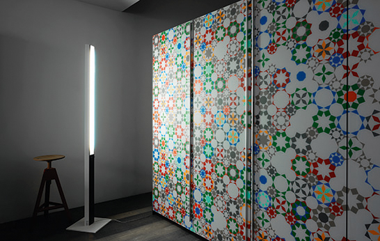 Gabriele Centazzo, Aretmatica Vitrum Arte, Valcucine, base units, etched glass, patterns, Middle Eastern-inspired, EuroCucina 2014, Milan 2014,