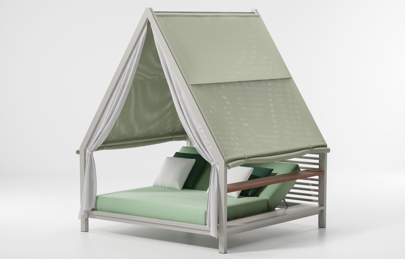 house-shaped pergola with fabric roof and double chaise lounges