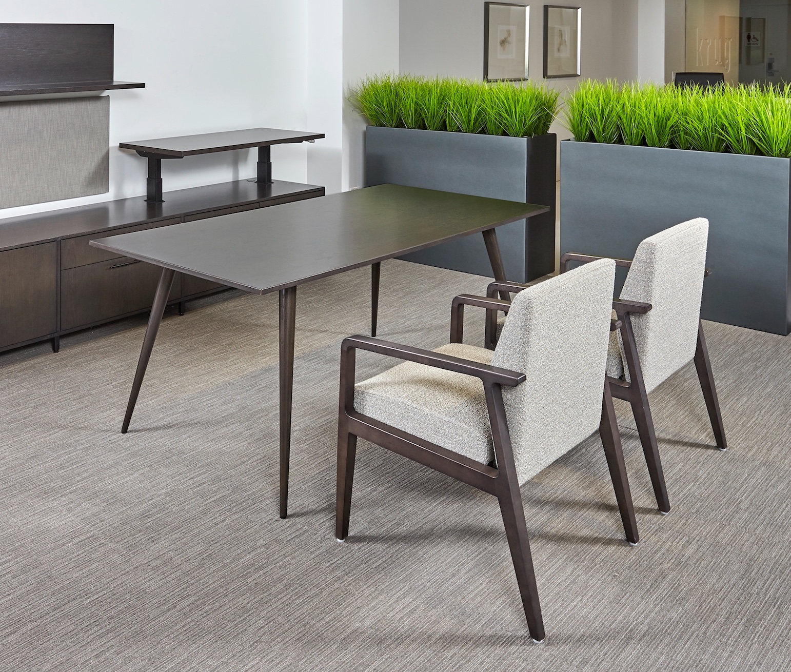 Krug Faeron Healthcare Seating armchairs in wood with gray fabric upholstery