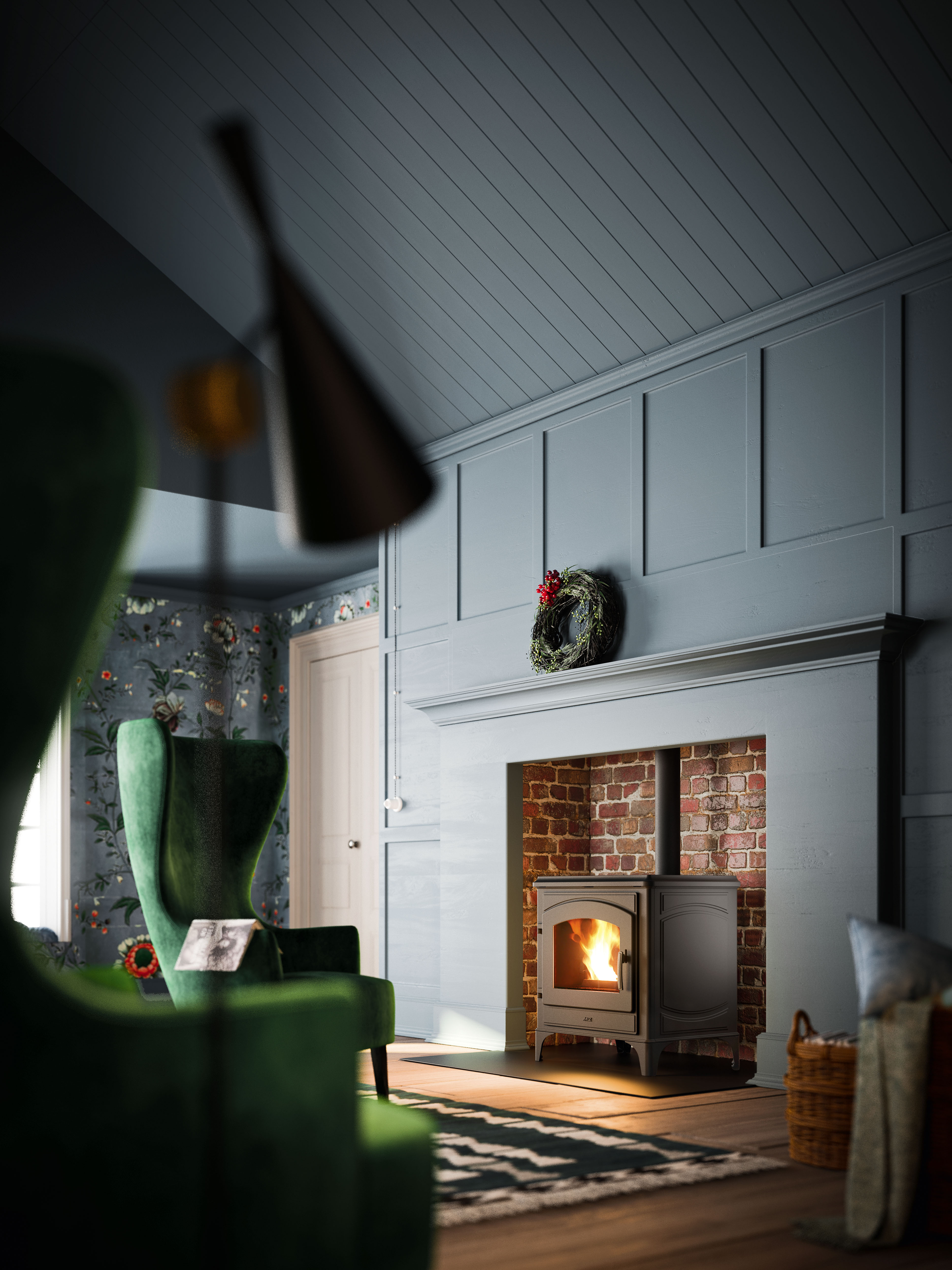 MCZ Wood Burning Stove inside home with red brick surround