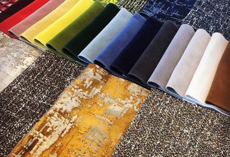 Colorful fabric swatches, solids and patterns