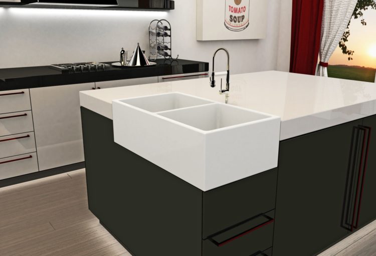 Ruvati Fiamma Farmhouse Kitchen Sink installed in black and white kitchen island