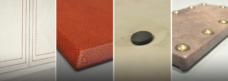 leather wall panel details including double stitching, buttons, and nailheads