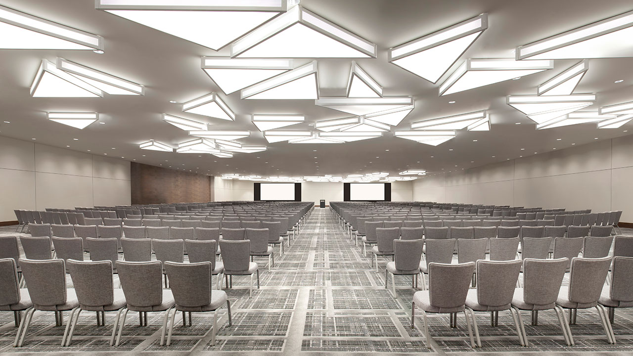 XtraLight Triangular Ballroom Fixtures on ceiling of LAX Hyatt Grand Ballroom back view