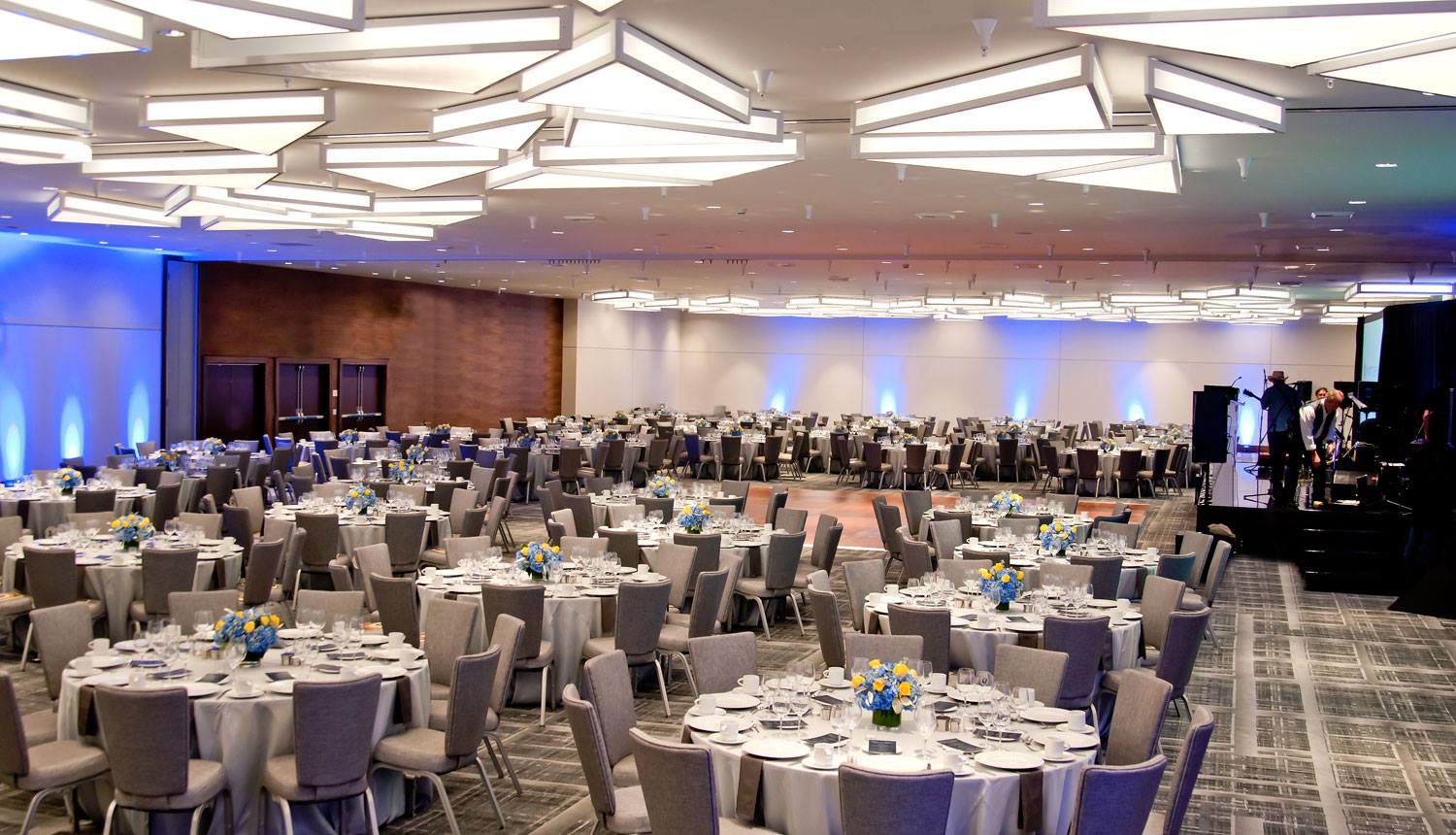 Xtra Light Triangular Ballroom Fixtures on ceiling of LAX Hyatt Grand Ballroom during event back view