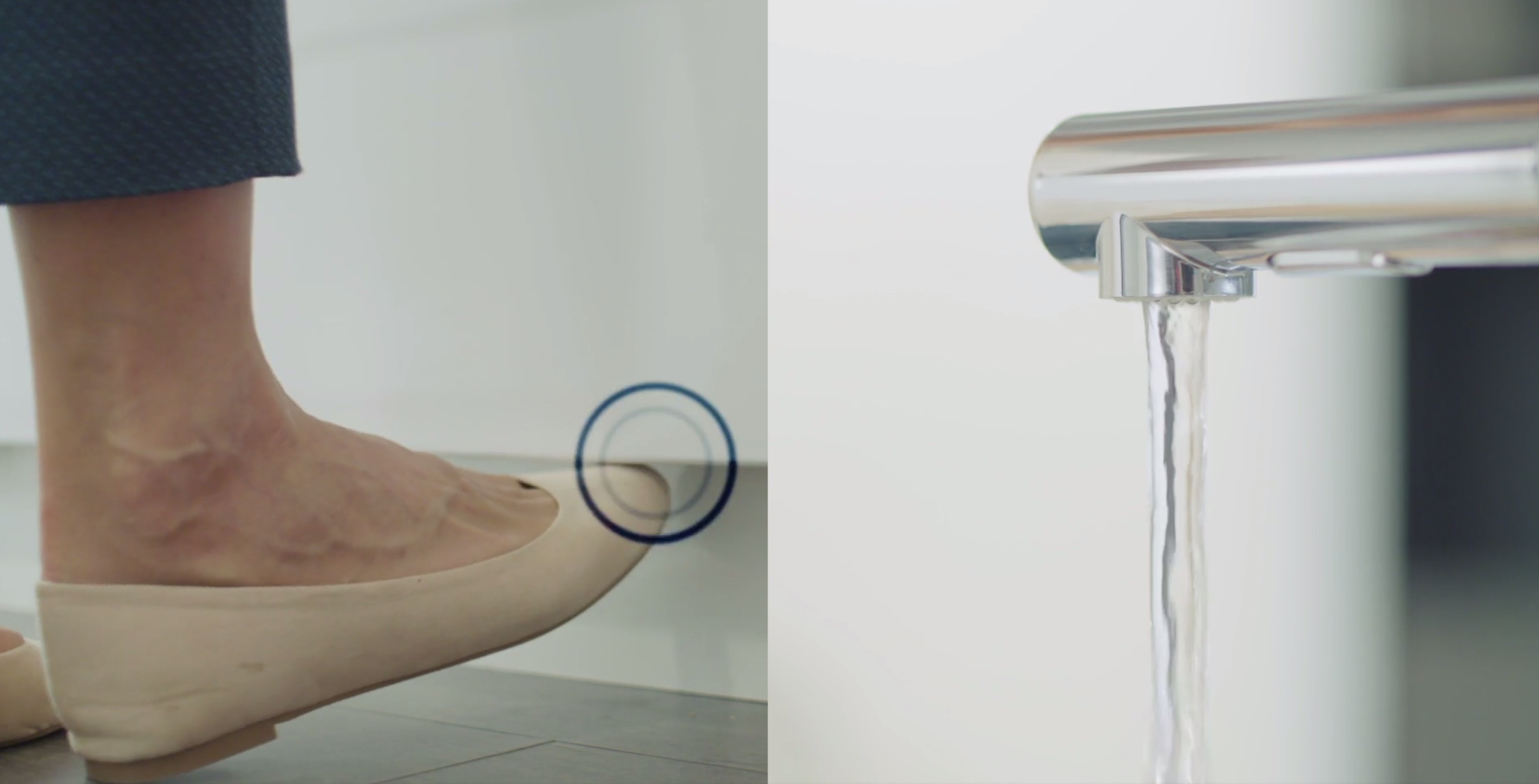 Grohe Faucet Foot Control split view of faucet with woman's foot activating faucet
