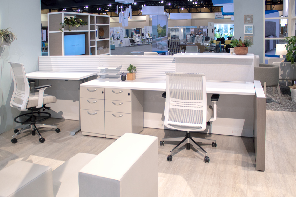 Kimball KORE Work Cart two workstations with chairs white finish