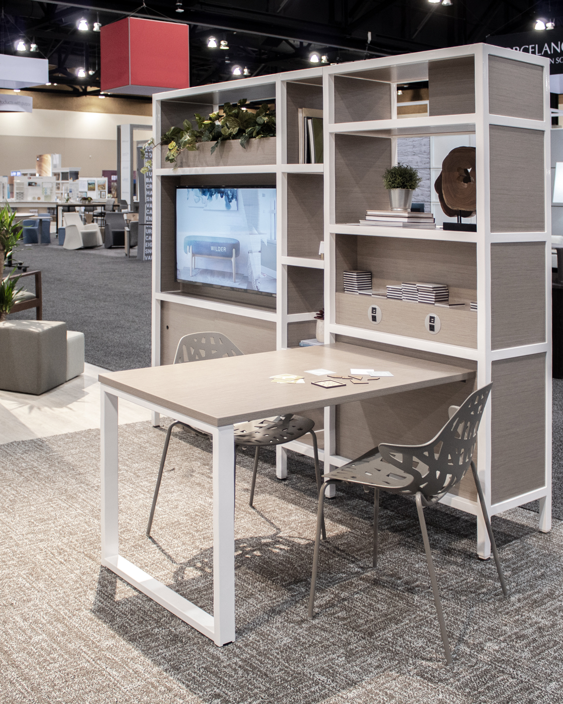 Kimball KORE Work Cart adjustable desk with two chairs gray finish