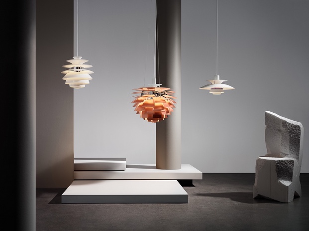 three Scandinavian suspension lamps with aluminum shades