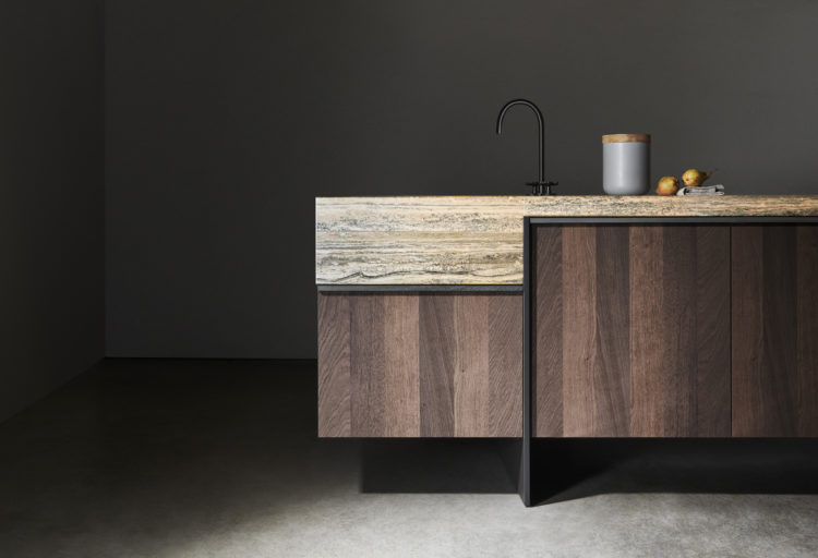 detail of wood and black metal kitchen