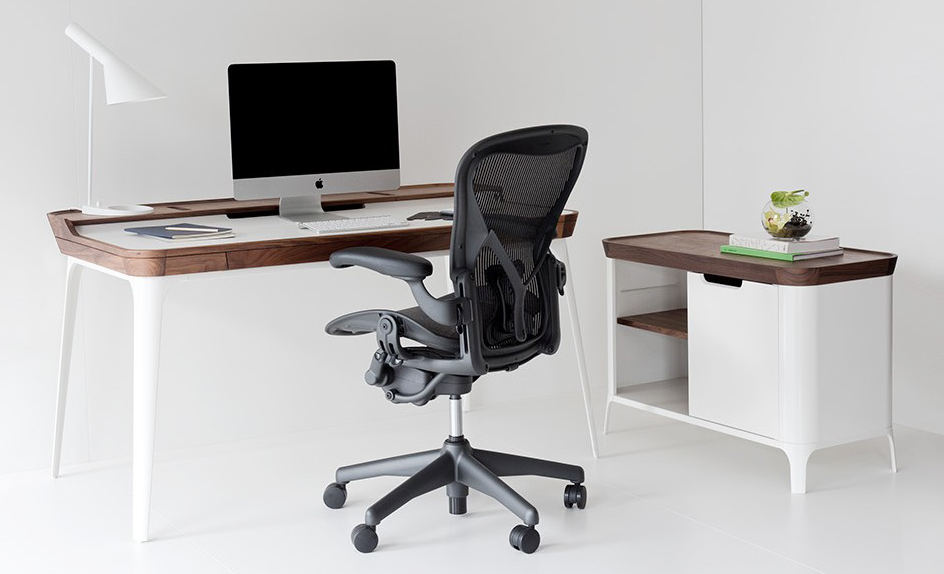 office with aluminum and wood desk and media cabinet
