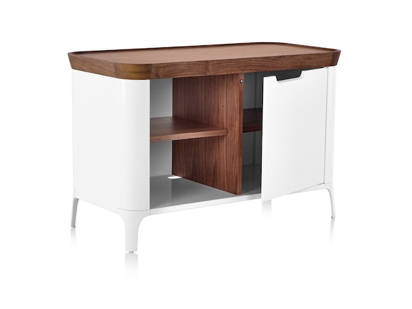 white aluminum and wood media cabinet with shelves and door