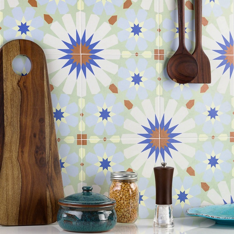 kitchen with geometric tile wall