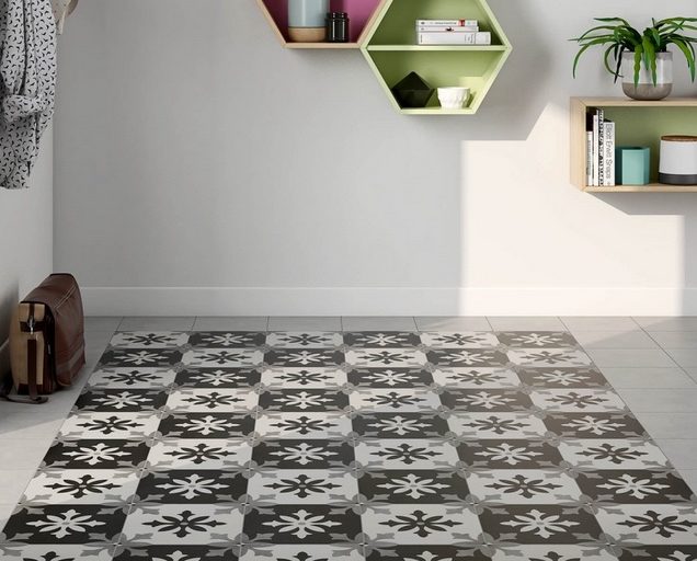 black and white encaustic tile floor