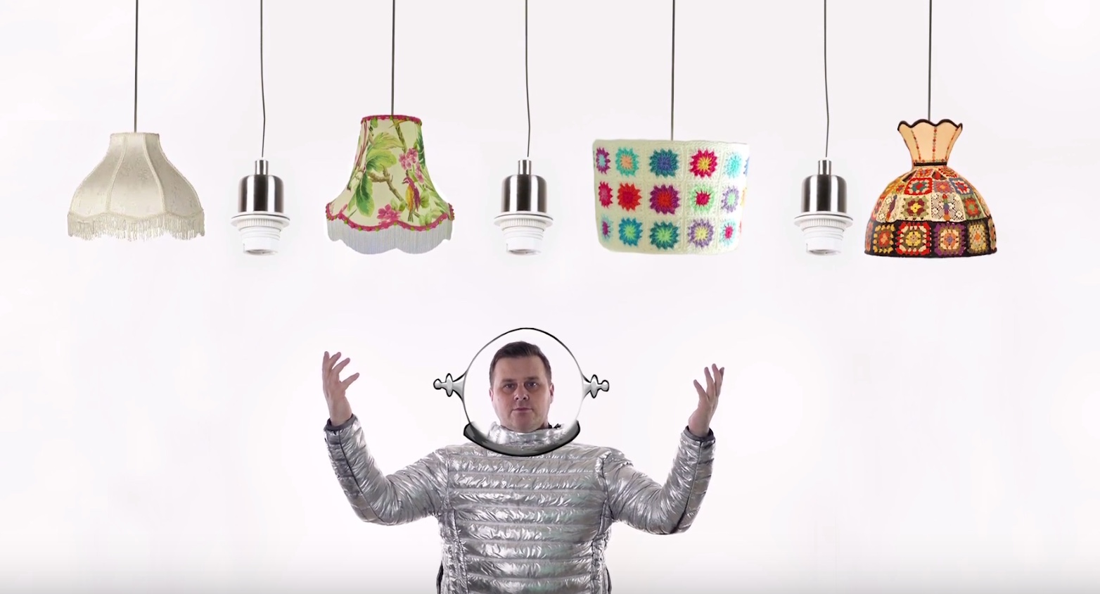 DropLED with futuristic man and various lampshade retrofits