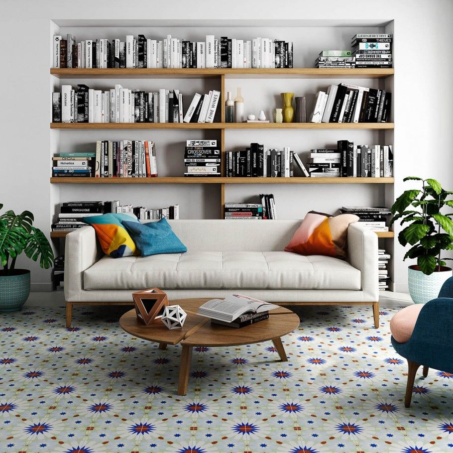 living room with geometric tile floor