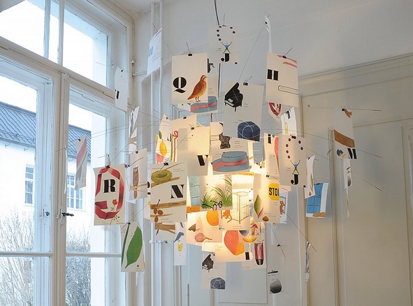suspension lamo with Japanese paper printed with graphic alphabet