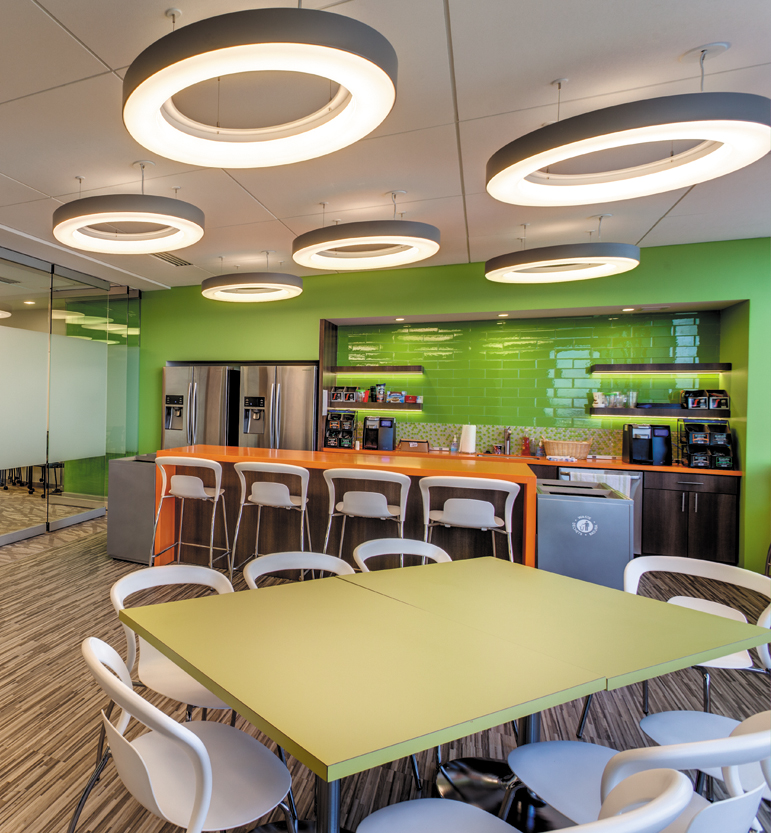 Impact Lighting's wht.wal pendant in break room 6 lights