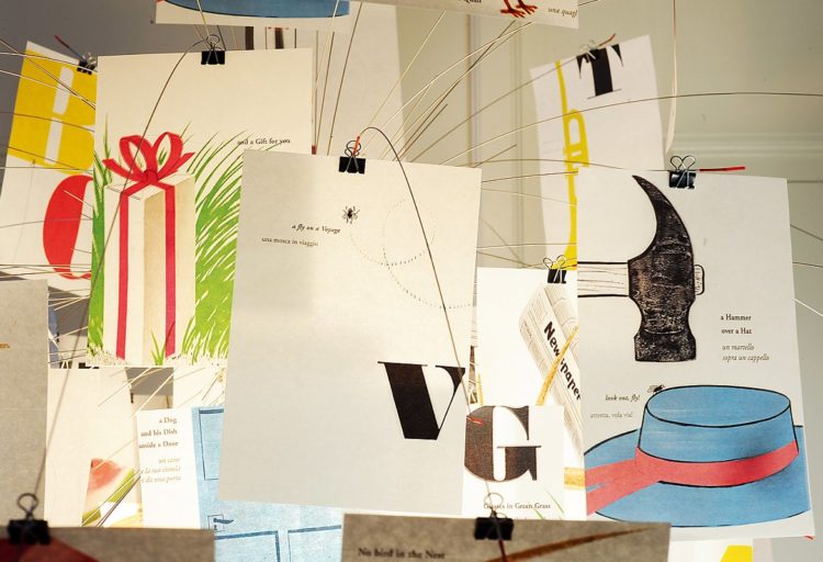 detail of paper lamp with printed alphabet