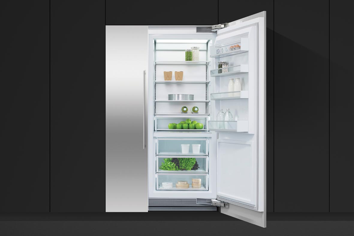 Fisher & Paykel Column Refrigerator double unit with one side open with matching charcoal cabinetry