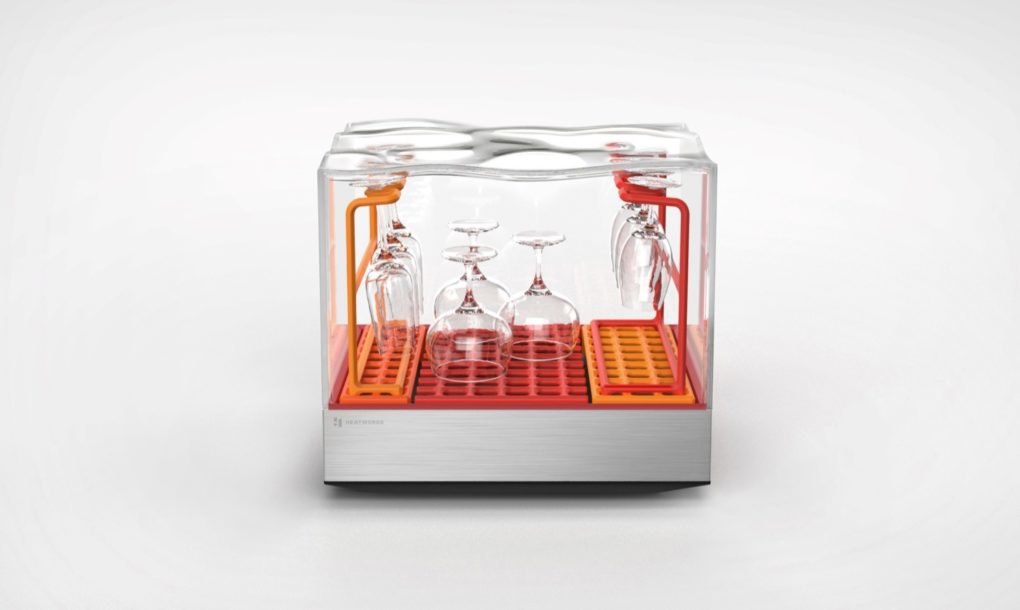 wine glasses of different shapes inside a clear dishwasher