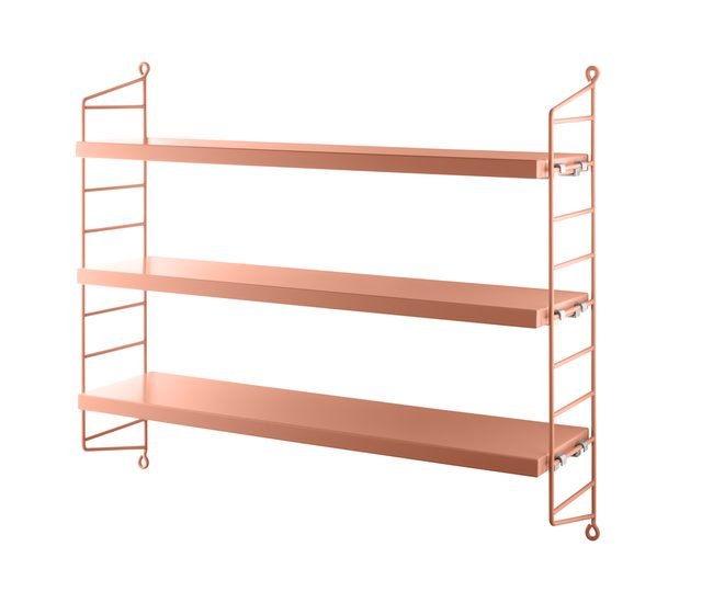 blush metal wall shelf with white background