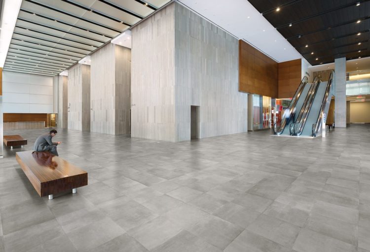 Anatolia Industria Tile Collection chromium color in office building lobby