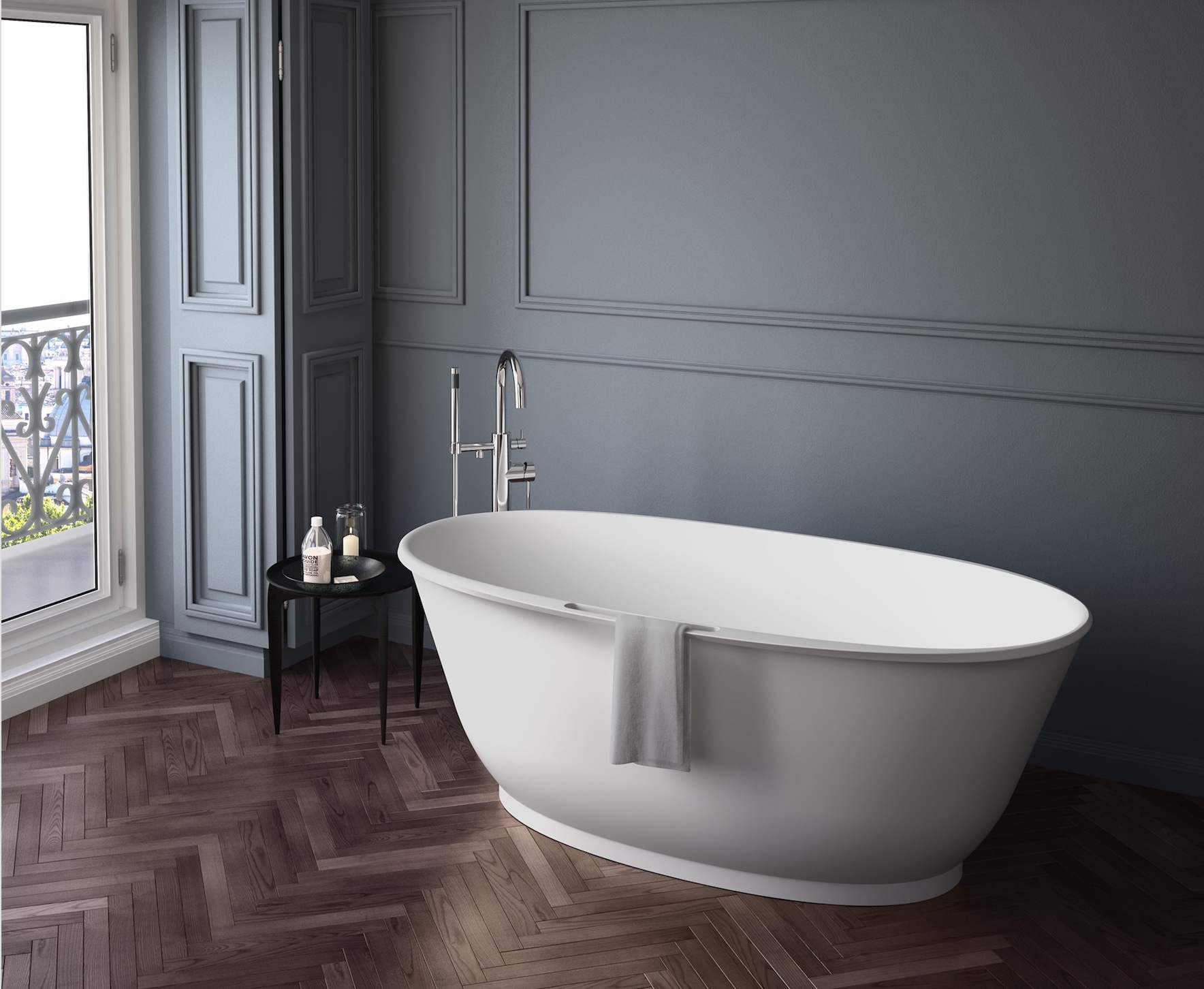 Karina Bathtub in bathroom with wood floor and grey walls
