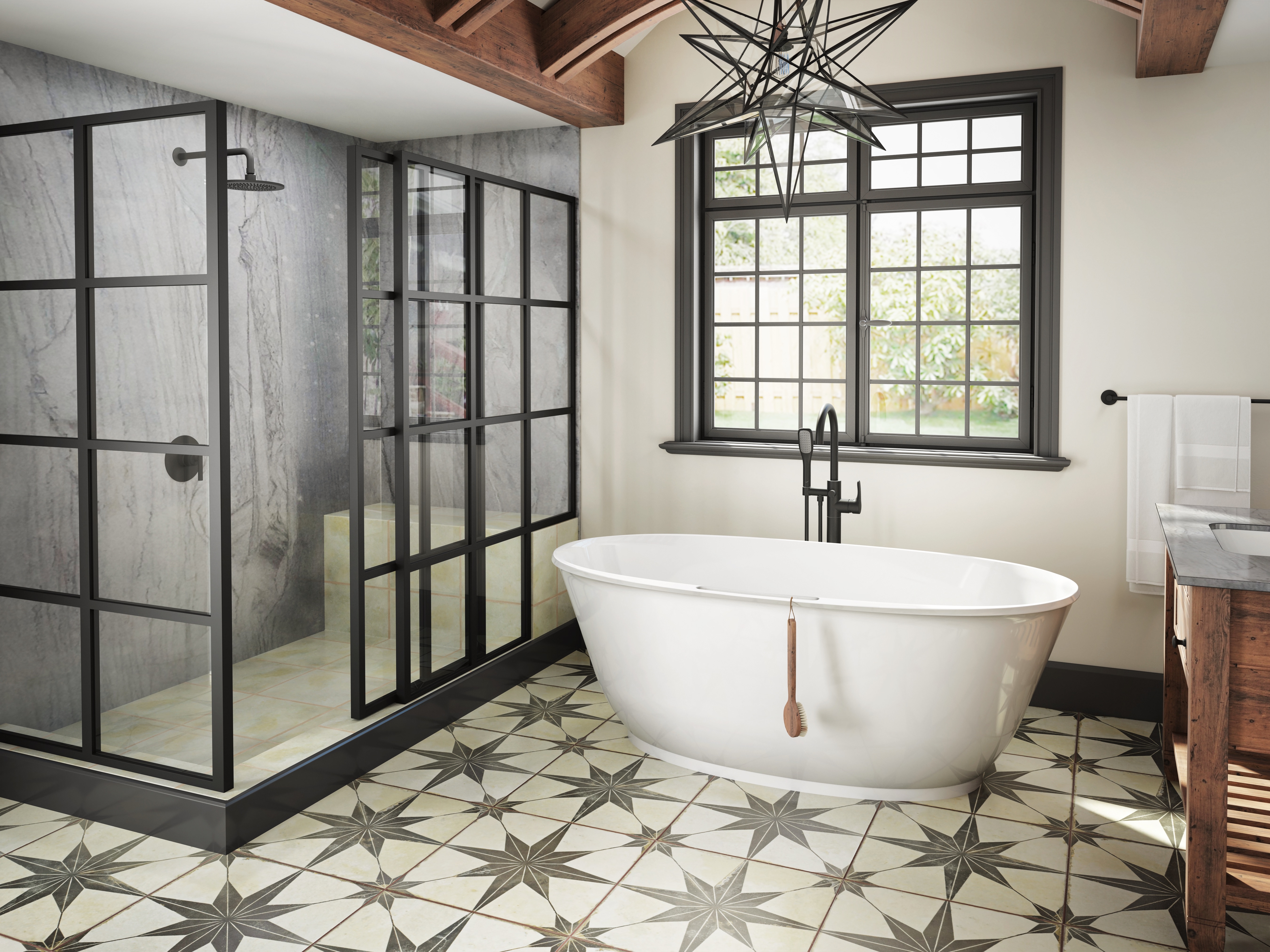 Karina Bathtub in bathroom with tile floor in front of grille window