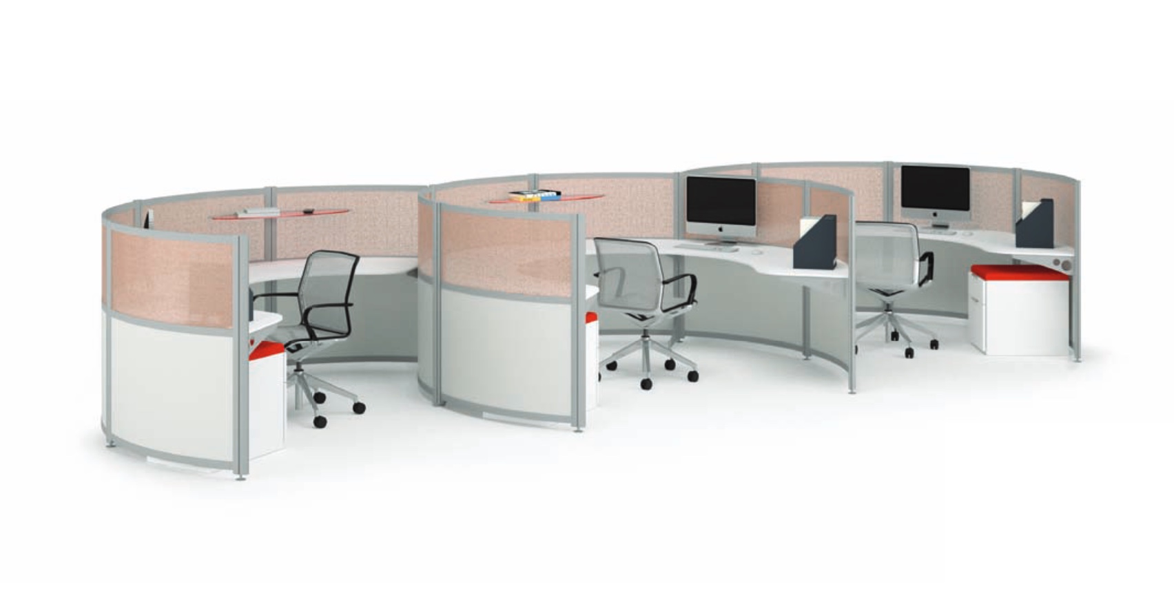 Fluid Concepts Orbit Workstation three linked stations white laminate