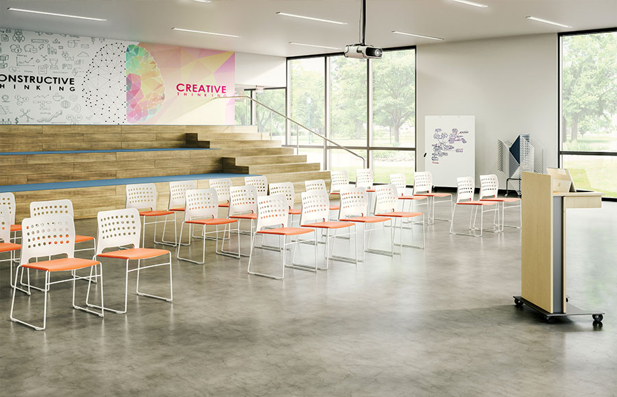 Hoopz Seating many chairs in auditorium orange seat and white back