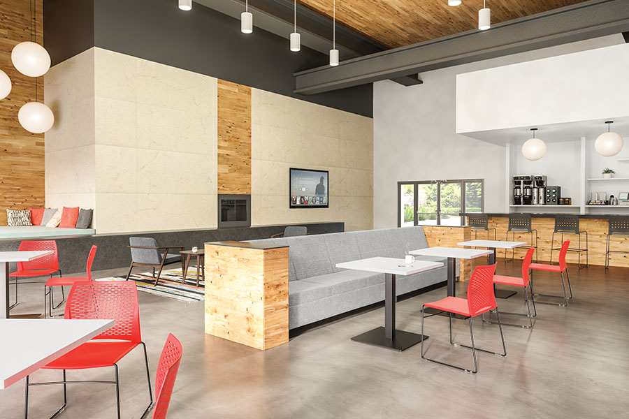 Hoopz Seating red multiple chairs in cafe setting