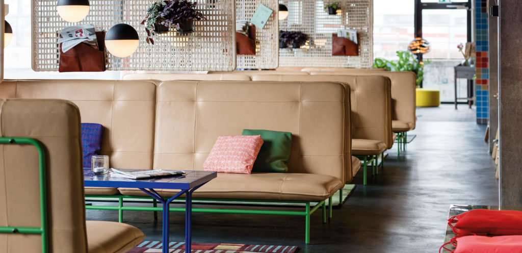 Werner Aisslinger design Bench Sofa in 25Hours Hotel Langstrasse lobby many benches