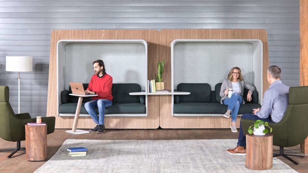 lounge area with private pod seating and lounge chairs